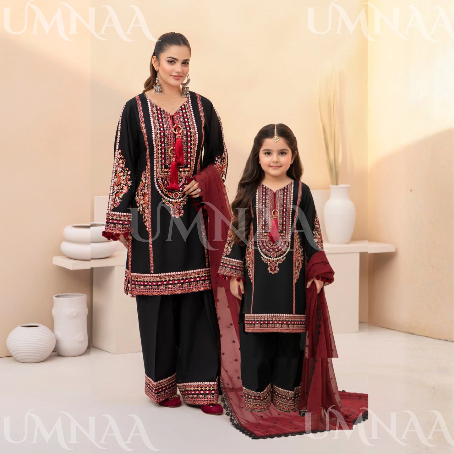 UA-164 Embroidered Slub Linen Mother Daughter Festive Collection by Umnaa