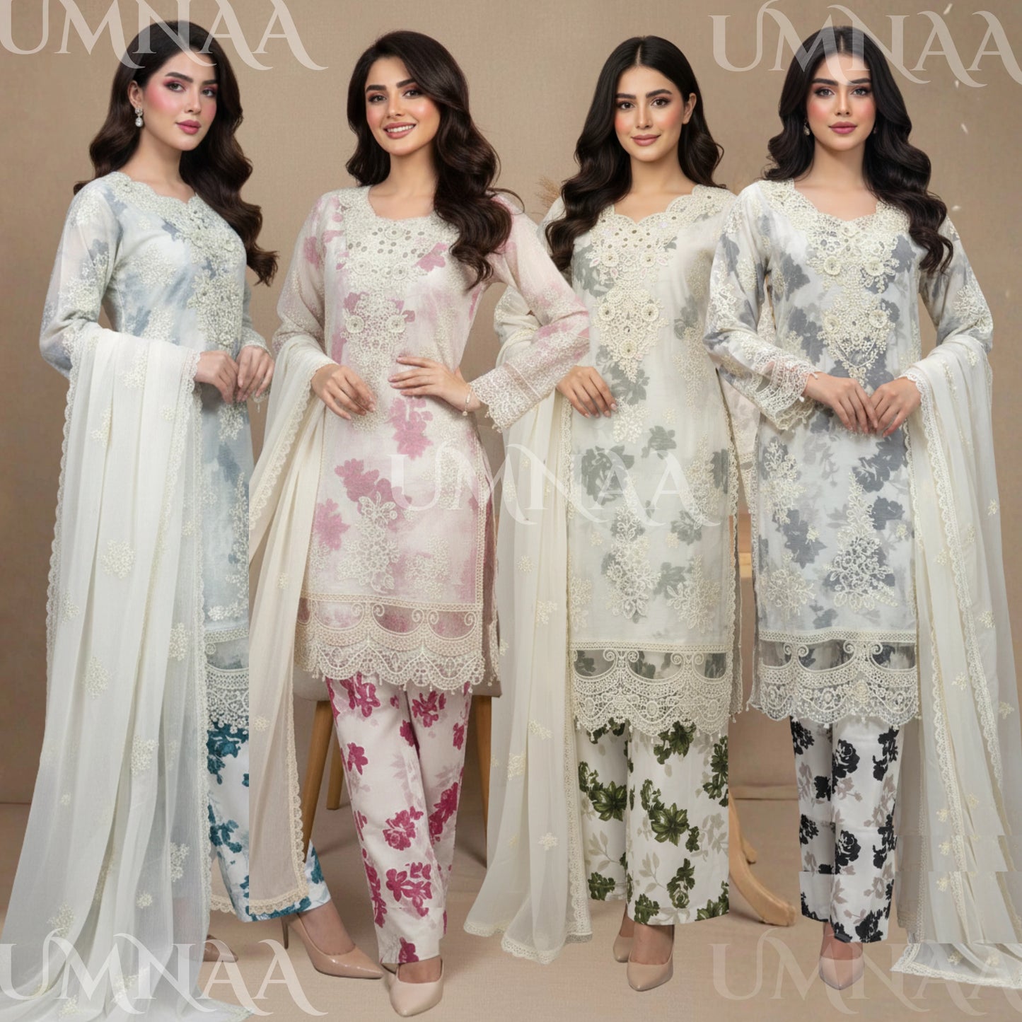 UA-165 Embroidered Chiffon 3-Piece with Printed Lining & Trouser