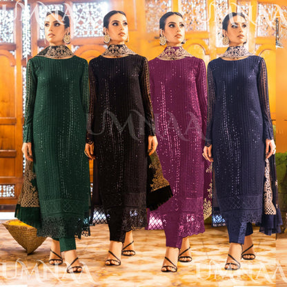UA-101 Azure Inspired Embroidered Chiffon 3 Pc Dress | UMNAA