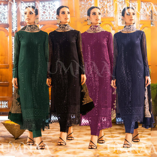 UA-101 Azure Inspired Embroidered Chiffon 3 Pc Dress | UMNAA