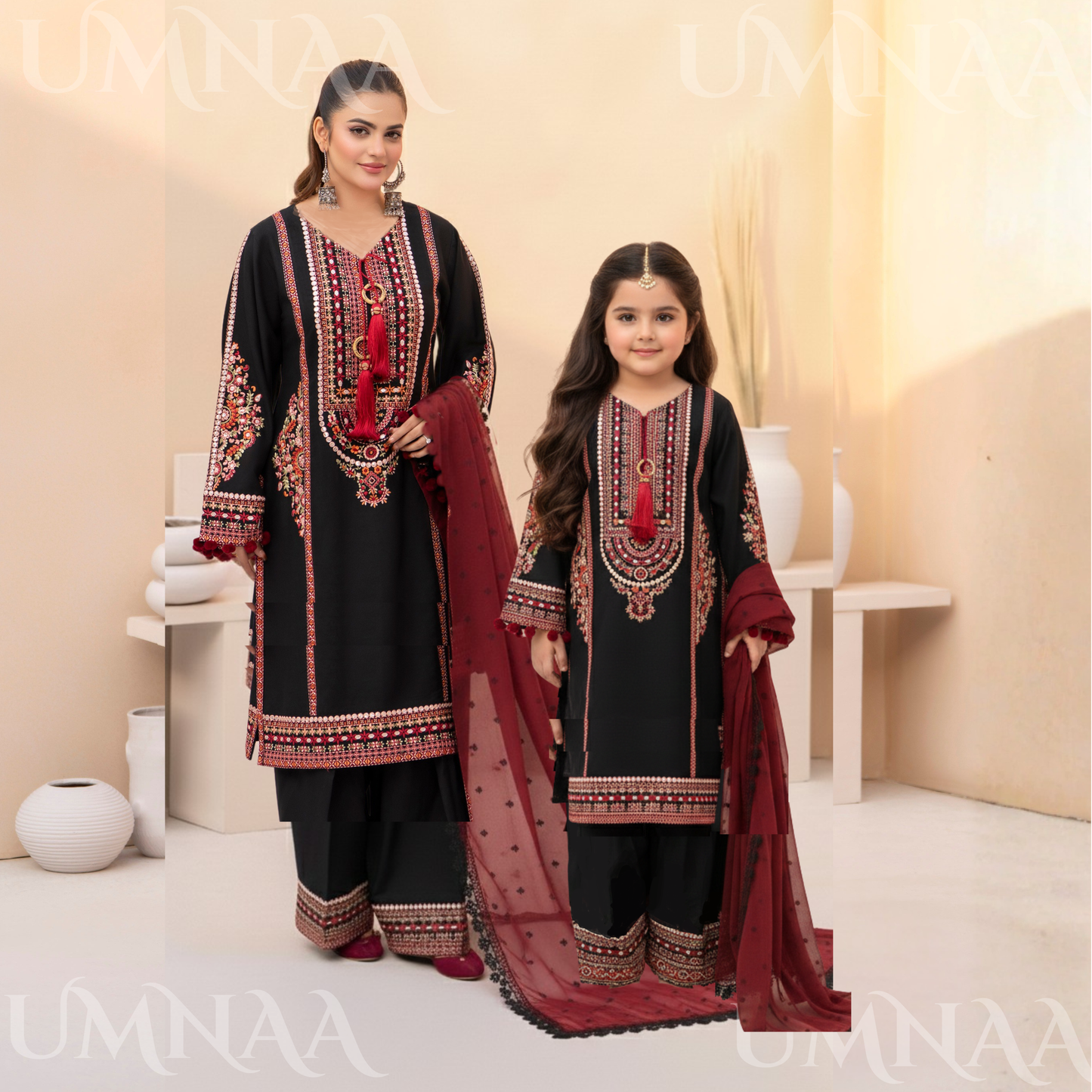 UA-174 Embroidered Slub Linen Mother Daughter Festive Collection by Umnaa