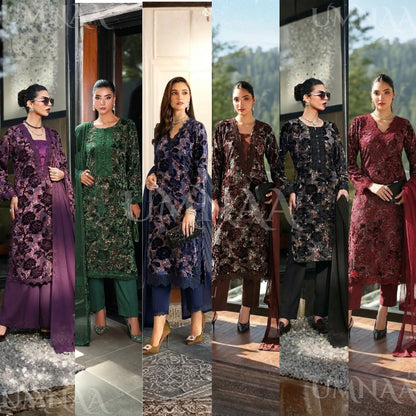 UA-175 Festive Palachi Velvet Dress with Chiffon Dupatta 3 Pc Collection by Umnaa