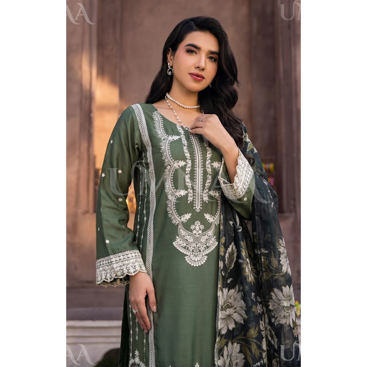 UB-03 3 Pc Embroidered Linen Dress With Cotton Silk Printed Dupatta  By UB