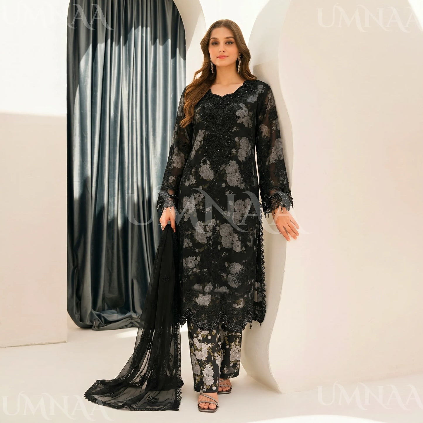 UA-184 Embroidered Chiffon 3-Piece with Printed Lining & Trouser