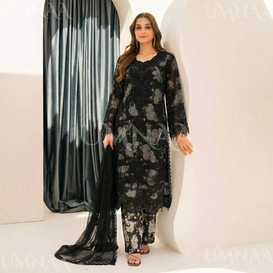 UA-184 Embroidered Chiffon 3-Piece with Printed Lining & Trouser