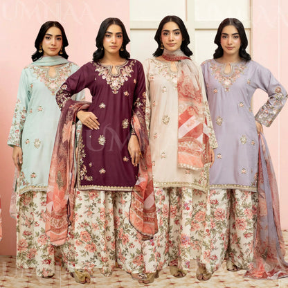 UMRZ-60 Maharani Festive Embroidered Linen with printed Sharara collection by Rangz | Ready to Wear Pakistani Asian clothes