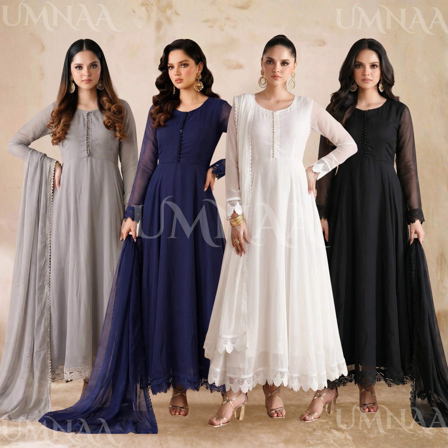 UA-204 Luxury Embroidered Chiffon Frock Collection 3 Pc | Ready to Wear | Umnaa