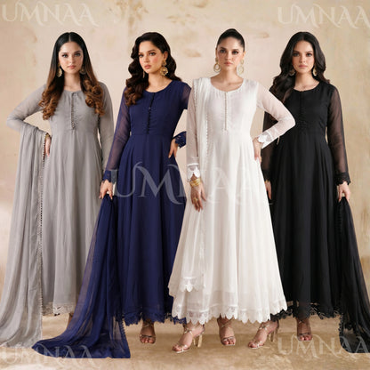UA-204 Luxury Embroidered Chiffon Frock Collection 3 Pc | Ready to Wear | Umnaa