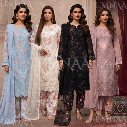 UA-205 Embroidered Chiffon 3-Piece with Printed Lining & Trouser