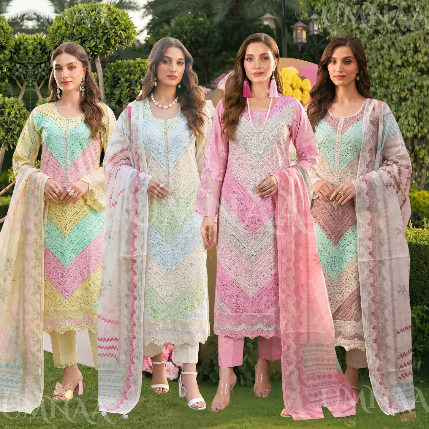 UA-208 Embroidered Chikenkari Cambric Cotton Pastel Festive Collection by Umnaa - Ready to Wear Pakistani Asian clothes