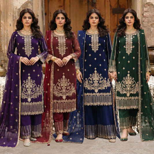 U-73 3 Pc women's Embroidered Chiffon salwar kameez Pakistani Indian fashion Traditional Womenswear Festive collection-UMNAA