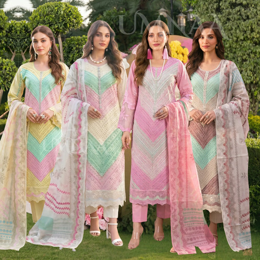 UA-208 Embroidered Chikenkari Cambric Cotton Pastel Festive Collection by Umnaa - Ready to Wear Pakistani Asian clothes
