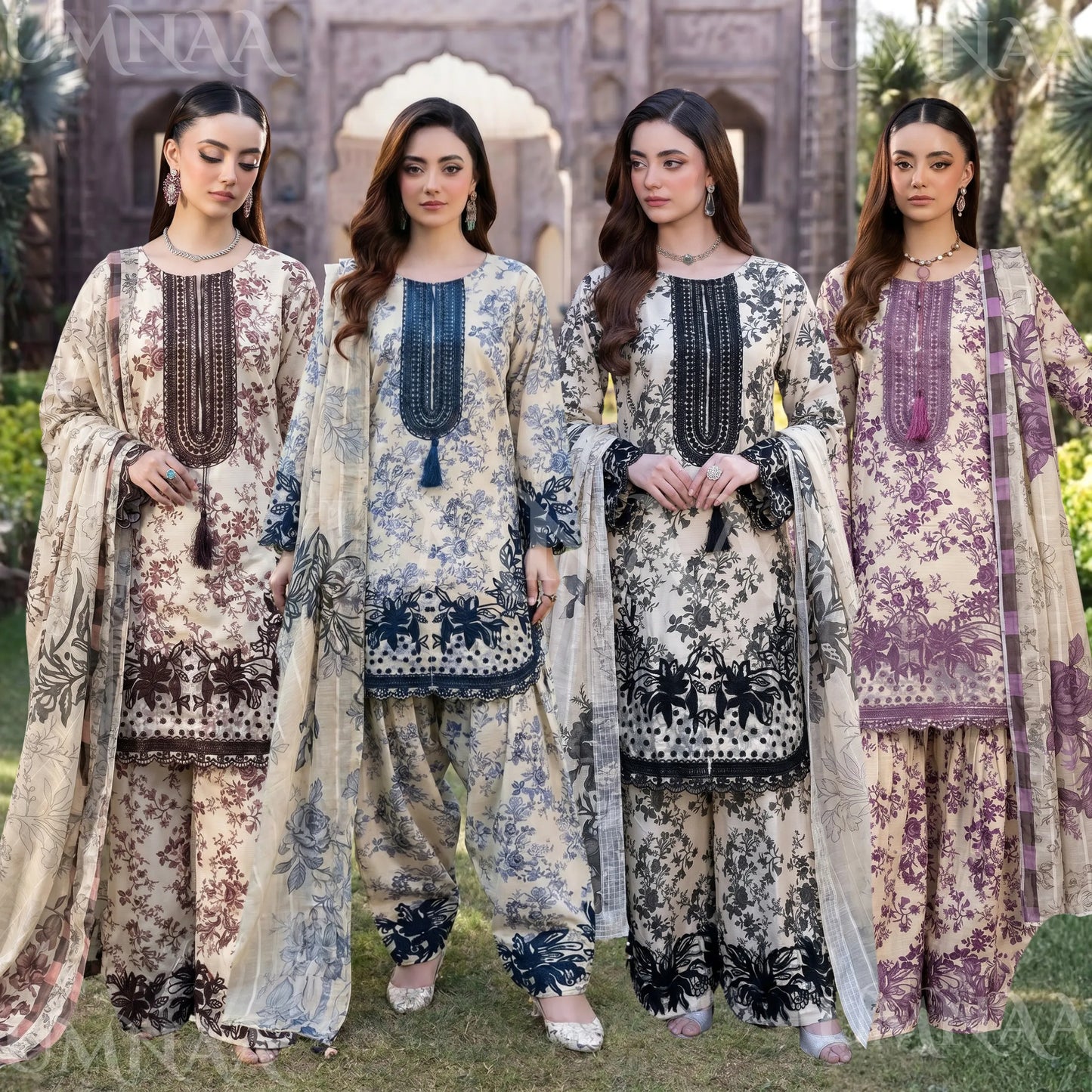 UA-212 Embroidered Printed Slub Poly Lawn Farshi Shalwar Collection by Umnaa | Ready to Wear Pakistani Asian Clothing