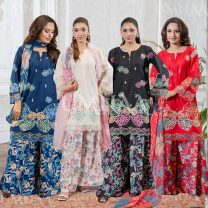 UMRZ-61 "Riwayat" by Rangz Embroidered Cotton with poly Lawn Sharara Festive collection| Ready to Wear Pakistani Asian clothes