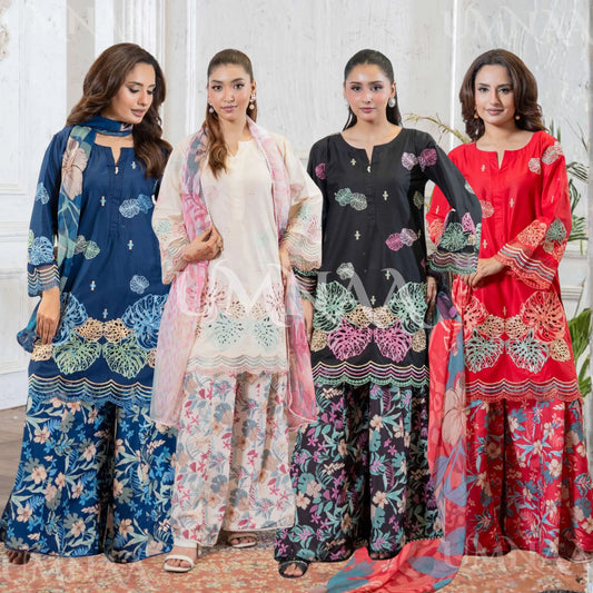 UMRZ-61 "Riwayat" by Rangz Embroidered Cotton with poly Lawn Sharara Festive collection| Ready to Wear Pakistani Asian clothes
