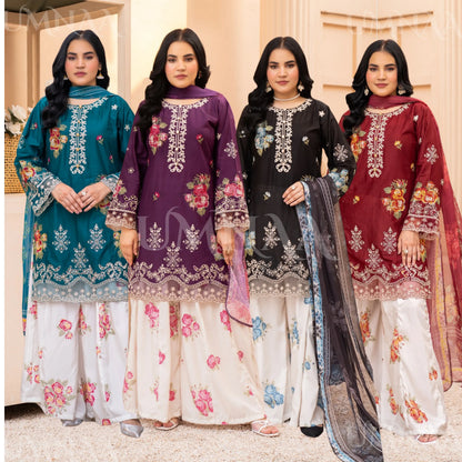 UMRZ-62 "Crimsons" by Rangz Embroidered Cotton with poly Lawn Sharara Festive collection| Ready to Wear Pakistani Asian clothes
