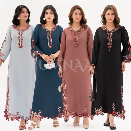 RA-32 MIDNIGHT BLOSSOM Embroidered Raw Silk Long Kaftan Style 2 Piece | Elegant Women's Festive & Formal Wear