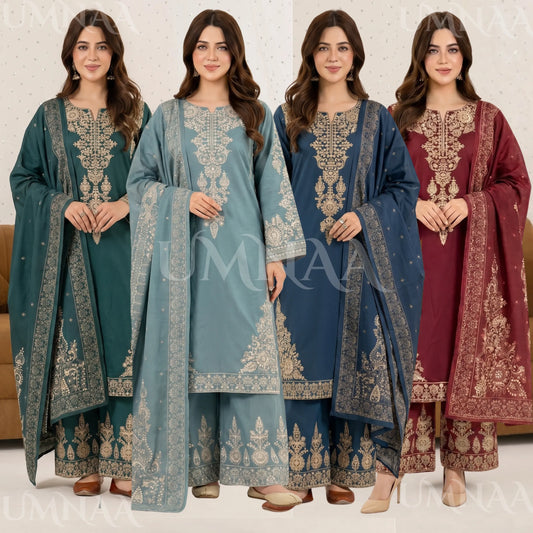 UA-222 Embroidered Cotton Ready to Wear Collection Pakistani Asian Women | 3 Piece Shirt Trouser Duppata by Umnaa