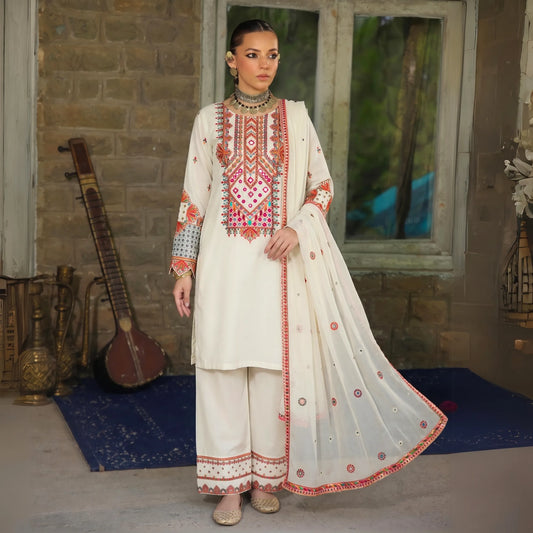UA-100 (Cream) Embroidered Cambric Cotton 3 Pc Ready to Wear Dress by Umnaa