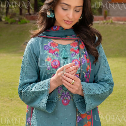 UA-223 Embroidered Cambric Cotton 3 Piece Suit | Tulip Shalwar & Printed Dupatta | Soft Summer Collection by Umnaa