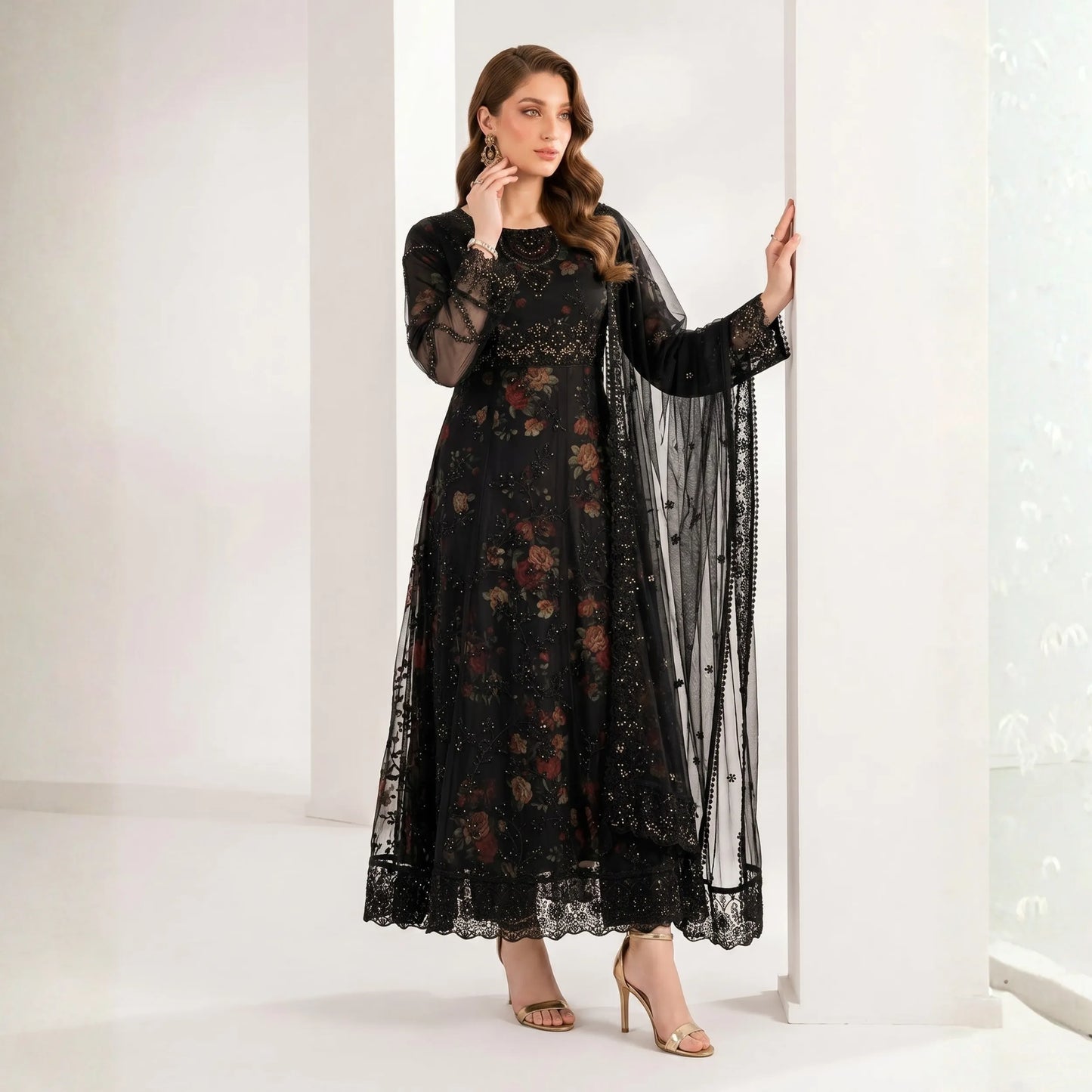UA-224 Embroidered Chiffon Frock 3 Pc Suit | Printed Inner Lining | Trouser & Chiffon Dupatta | Formal Party Wear