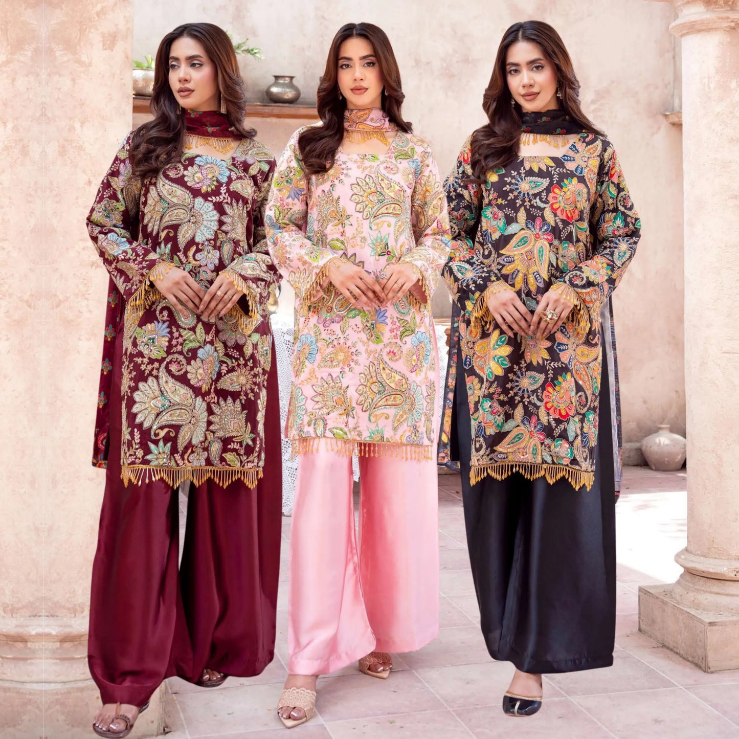 UA-225 Trendy Indian Armani Silk 3 Piece Suit by Umnaa | Embroidered Kameez with Shamoos Silk Shararah & Apple Silk Dupatta | Festive & Party Wear