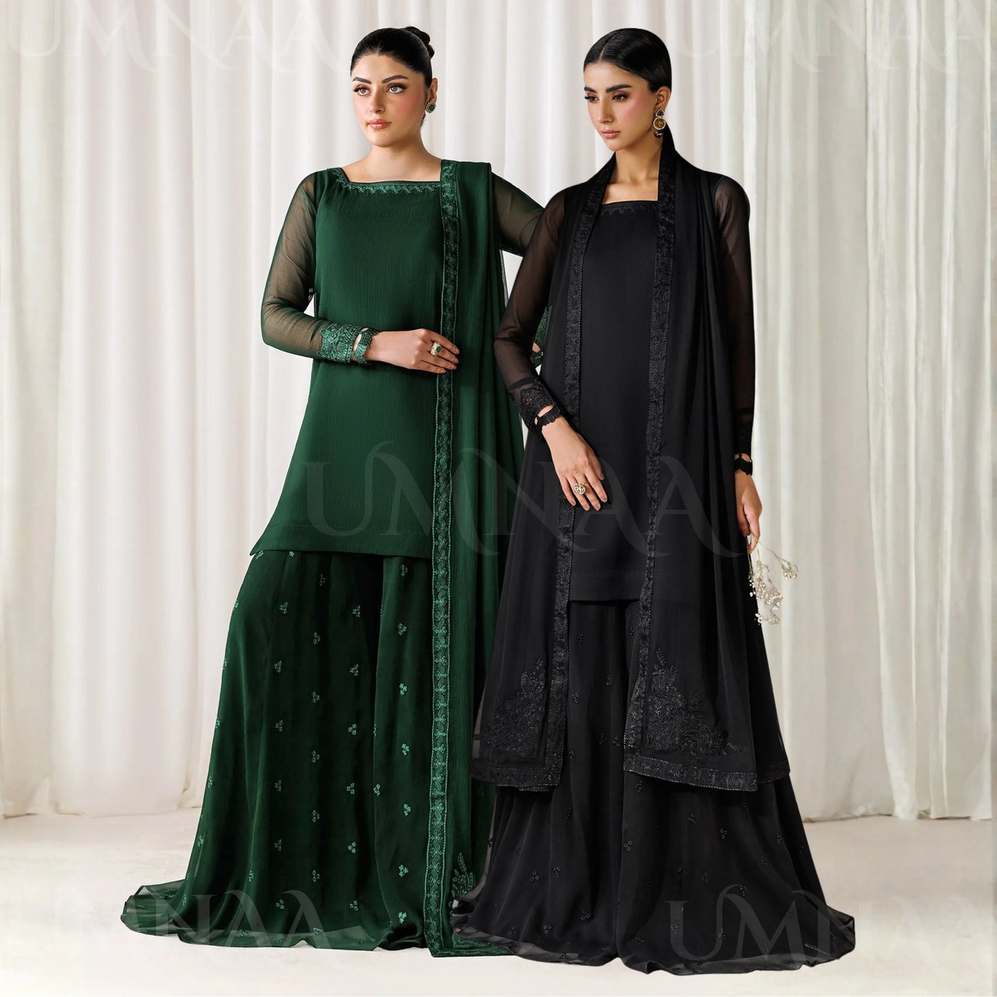 UA-230 Chiffon Sharara Full Sleeves Lined 3 Piece Suit | Chiffon Shirt with Embroidered Sharara & Dupatta | Formal Party Wear