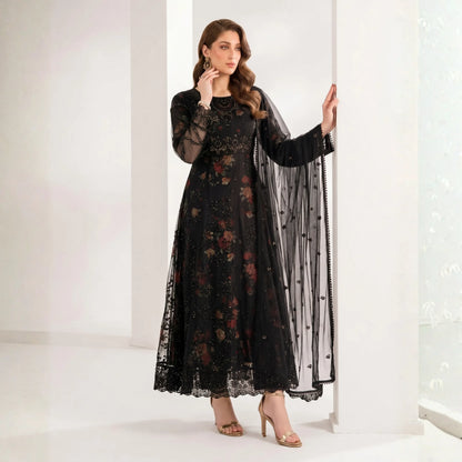 UA-224 Embroidered Chiffon Frock 3 Pc Suit | Printed Inner Lining | Trouser & Chiffon Dupatta | Formal Party Wear