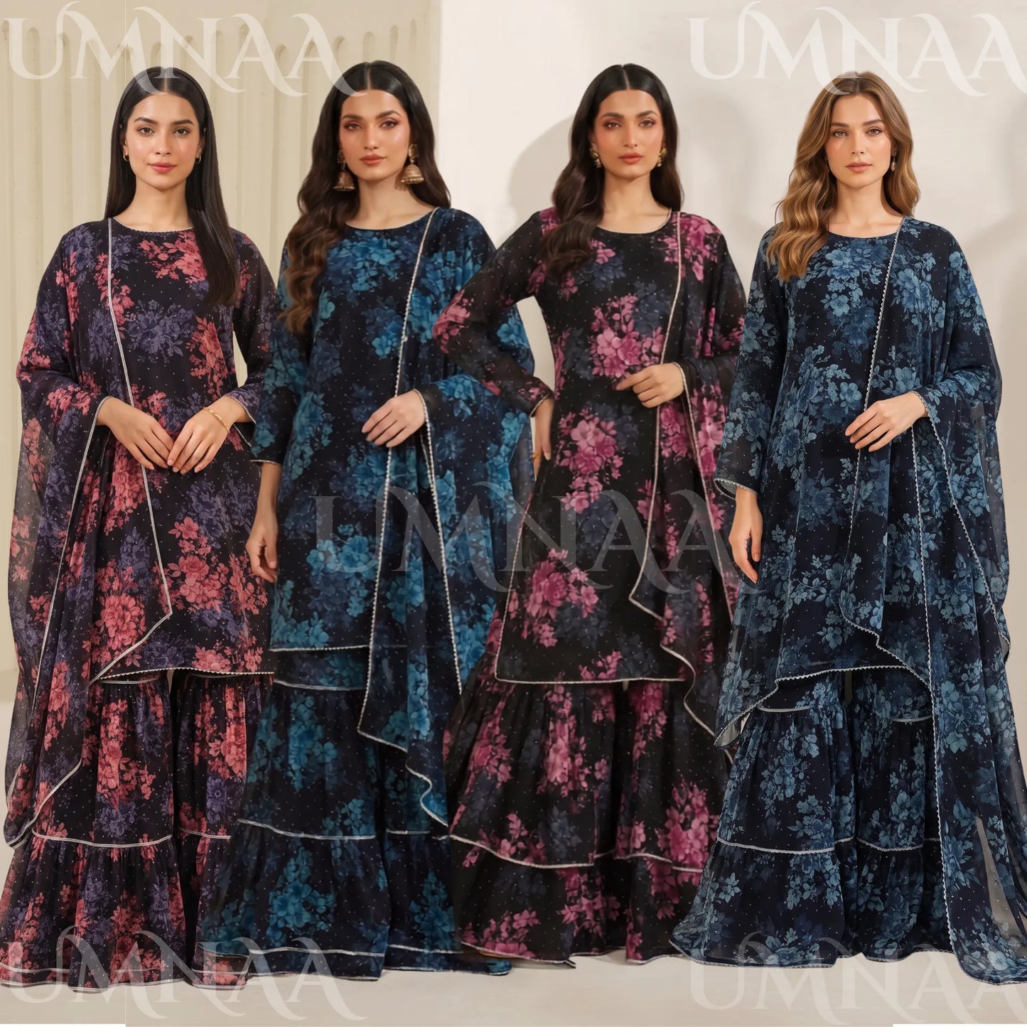 UA-279 Printed Chiffon Georgette with Sharara Collection 3 Pc  | Umnaa
