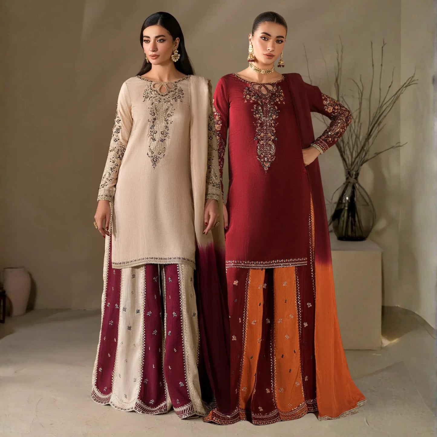 UA-282 Embroidered Raw Silk Luxury Sharara Collection | Umnaa