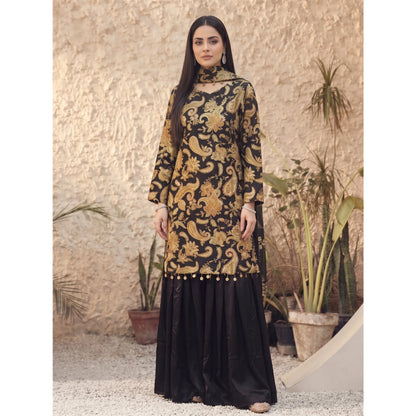 UA-245 Trendy Indian Armani Silk 3 Piece Suit by Umnaa | Embroidered Kameez with Shamoos Silk Bengali Shararah & Chiffon Dupatta | Festive & Party Wear