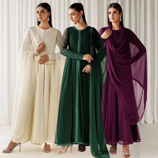 UA-281 Embroidered Chiffon Frock 3 Pc Collection | Umnaa