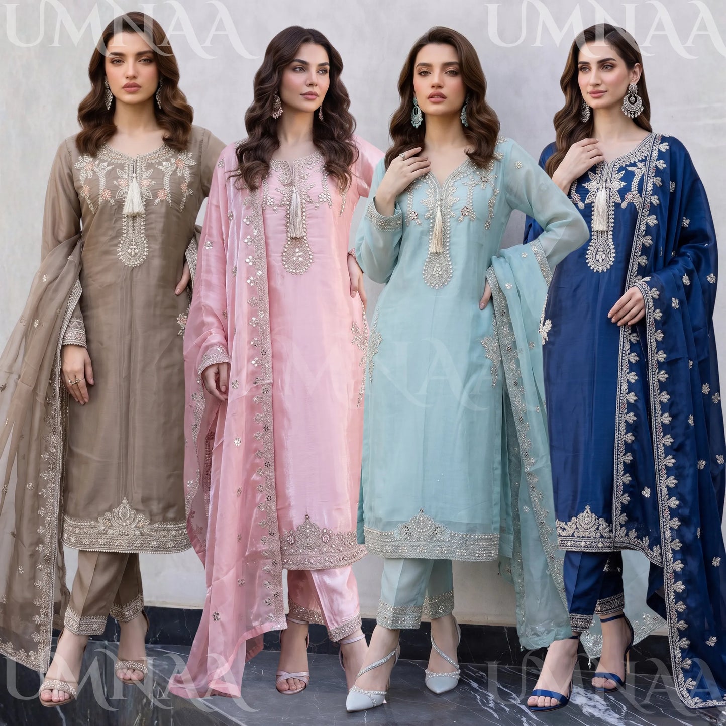 UA-289 Luxury Silk 3-Pc Suit | Embroidered Pakistani Formal Wear