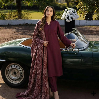 UA-303 Winter Dhanak Embroidered Shawl 3 Pc | Umnaa