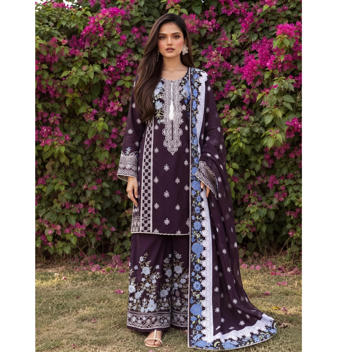 UA-310 Embroidered Dhanak Farshi Shalwar 3 Pc | Umnaa