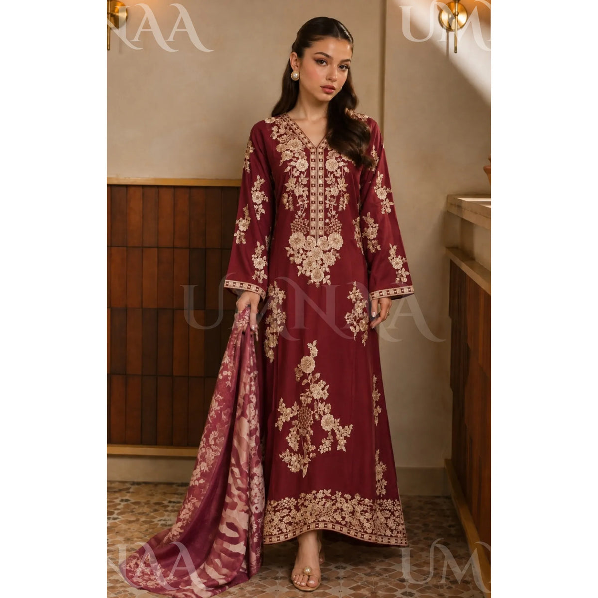 UA-317 Luxury Linen Kaftan Style 3 Pc | Umnaa