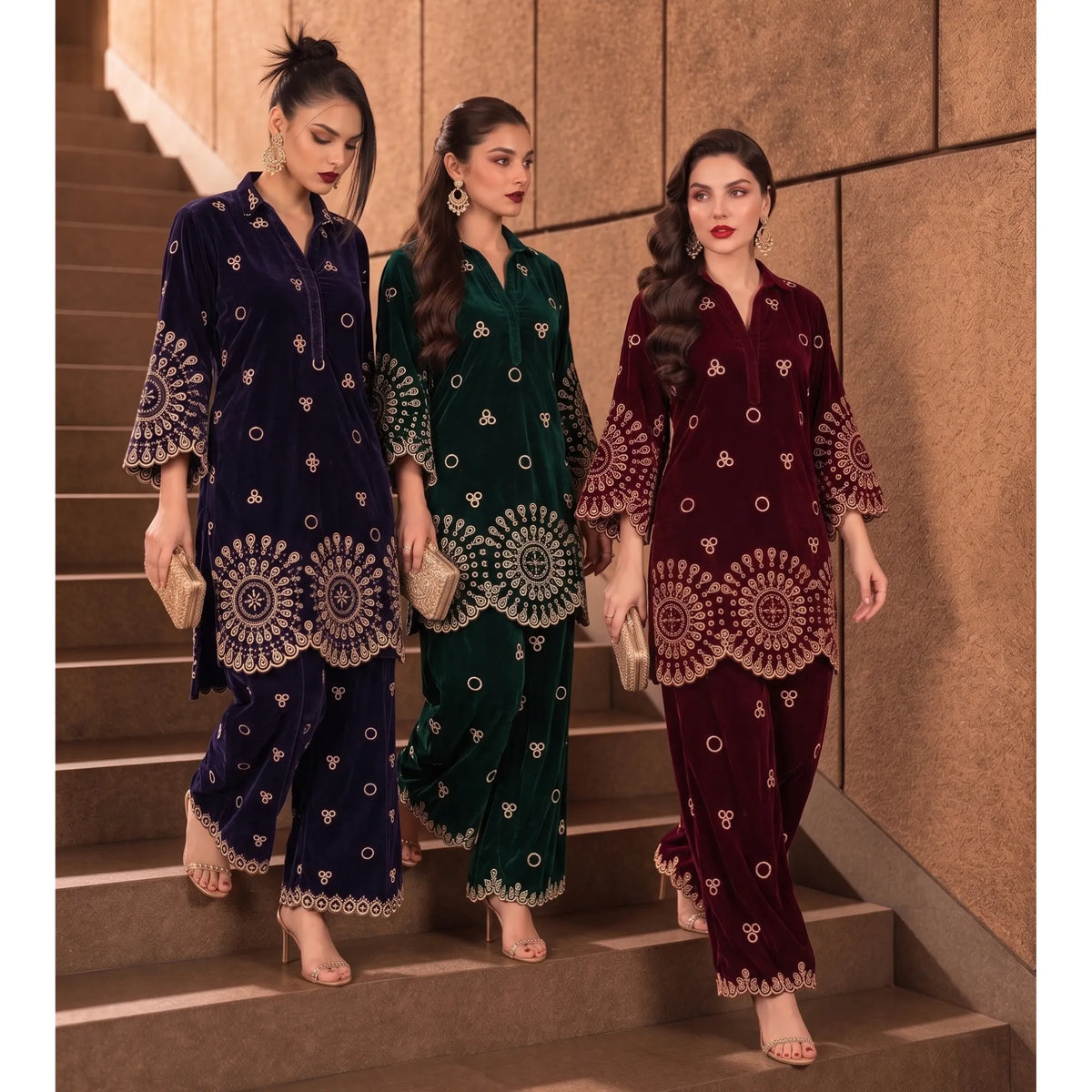 UA-318 Embroidered Velvet Co-Ord Set | Umnaa