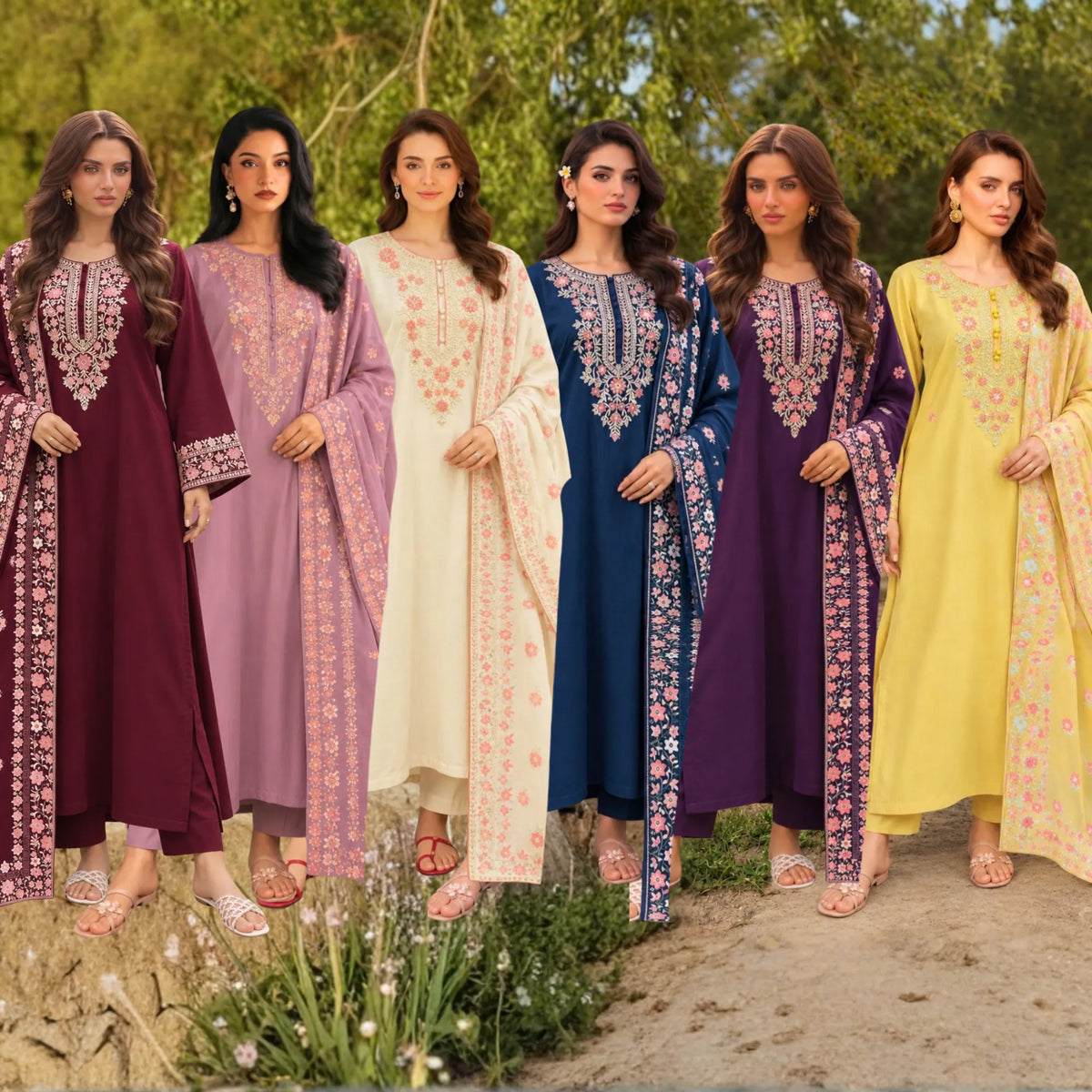 UA-326 Embroidered Dhanak Kaftan Style 3 Pc | Umnaa