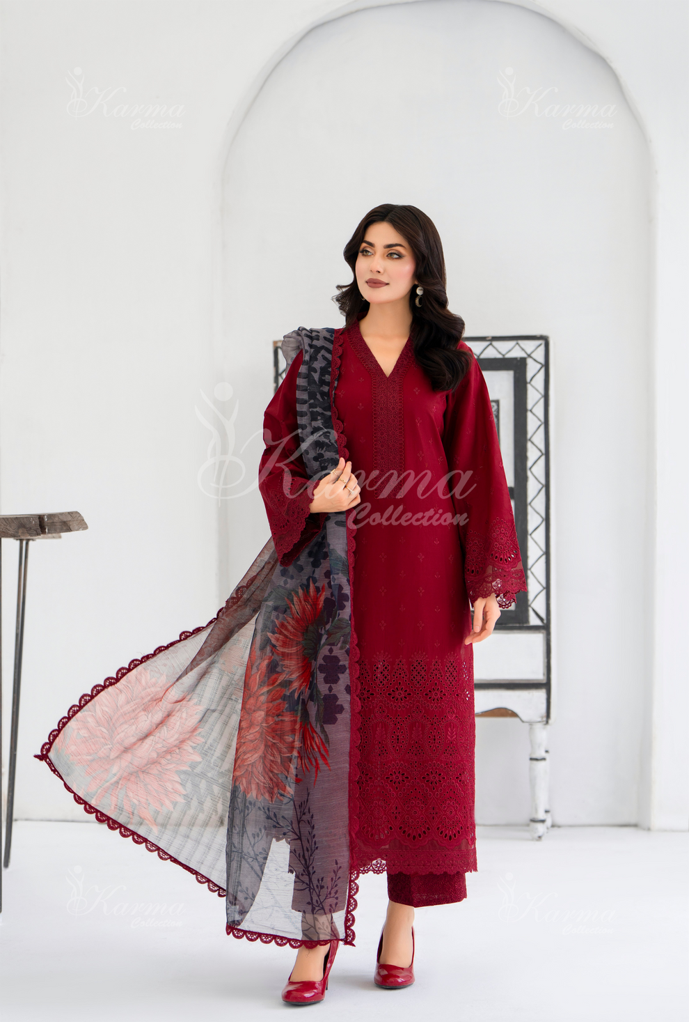 KC- 1393 | Rose Red | 3 Pc | Chikenkari Cotton Lawn | Karma Collection