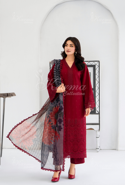 KC- 1393 | Rose Red | 3 Pc | Chikenkari Cotton Lawn | Karma Collection