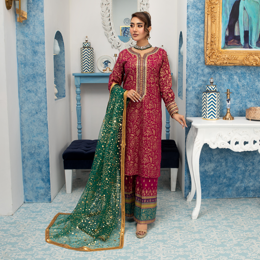(Deep Pink) Luxury Cambric Cotton Embroidered Dress | Ready to Wear | Heera's