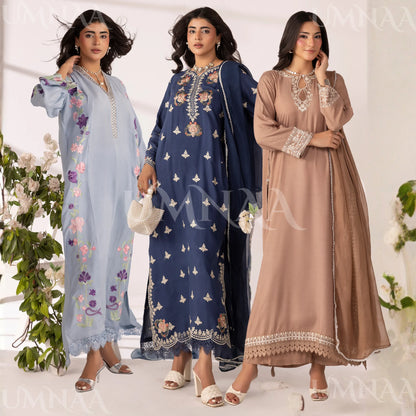 UMS-65 Lira by Simrans Embroidered Viscose Linen 3 Piece Suit | Premium Embroidered Shirt, Trouser & Dupatta | Semi Formal Women's Wear