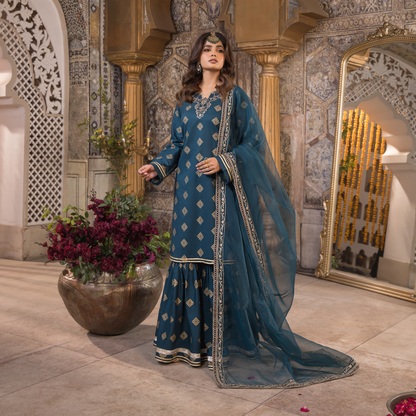UHE-49 (Teal blue) 3 Pc Embroidered Cambric Cotton ready to wear Dress | Eid Wear | Heera's