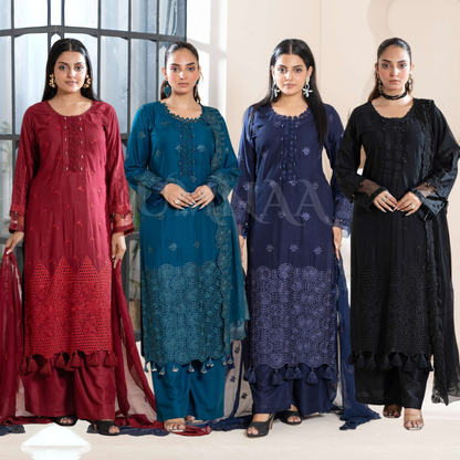 UMRZ-51 "IMAGEKARI" Linen Chikankari 3 Pc Collection by Rangz