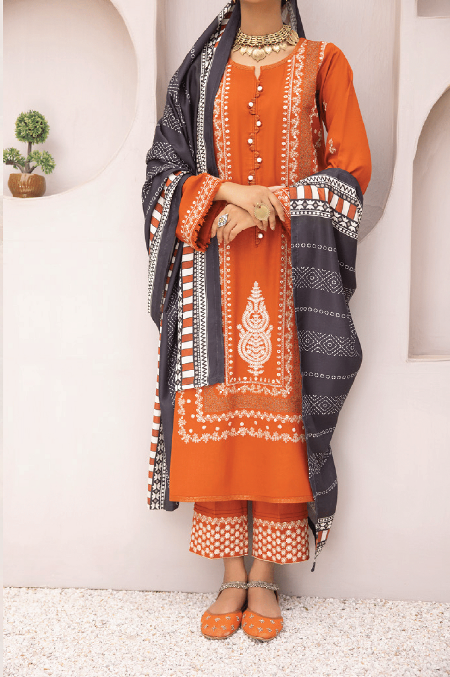 3-Piece Embroidered Dhanak Dress with Pashmina Silk Shawl