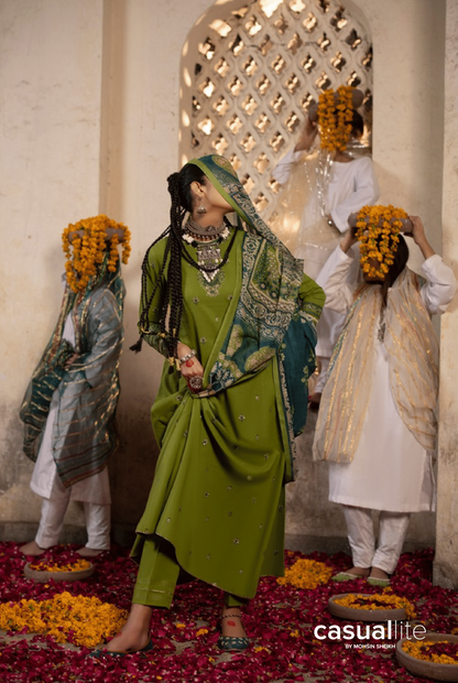 Green 3 Piece Embroidered Cotton dress - Casuallite