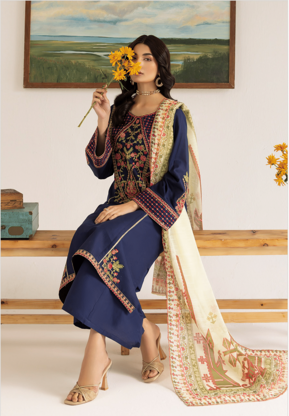 Blue 3 Piece Embroidered Lawn Dress - Esra Fashion
