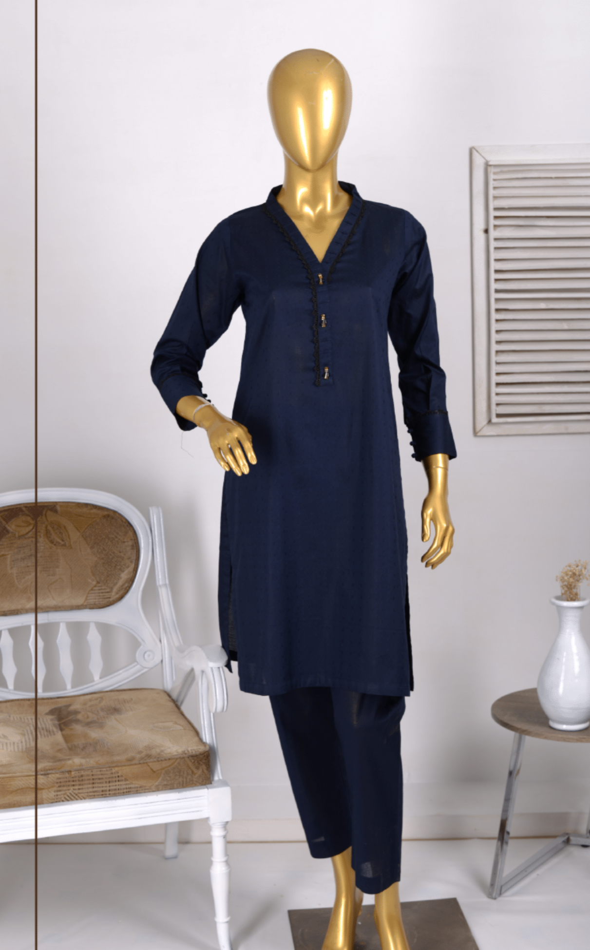 (Navy Blue) 2 Piece Ready to wear Jacquard Solids Naubahar