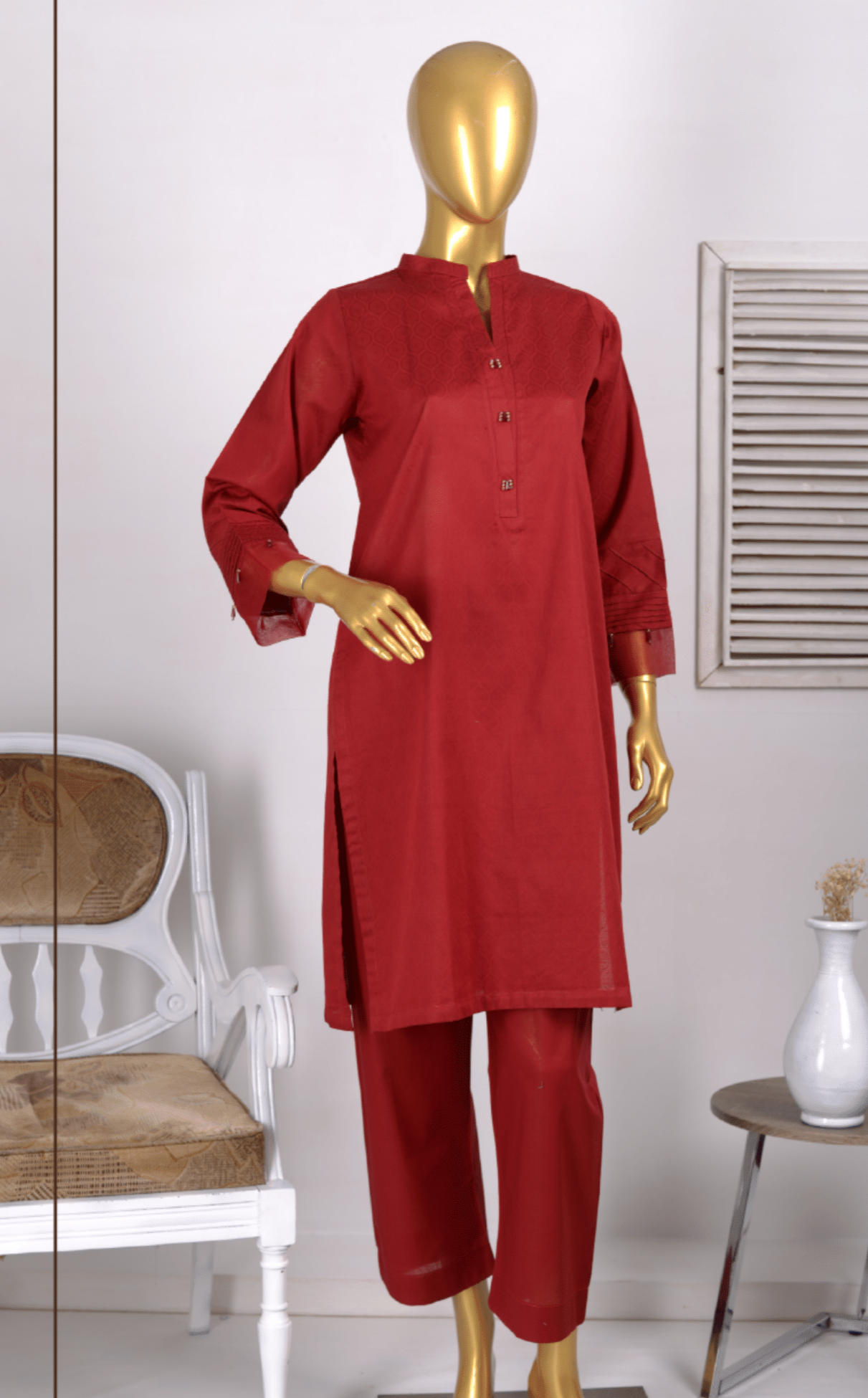 (Maroon) 2 Piece Ready to wear Jacquard Solids Naubahar