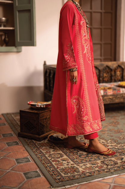 (Watermelon Pink) 3 Pc Cotton Embroidered Suit - Casuallite